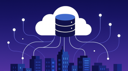 Illustration depicting a database of government data in the cloud connecting to a city