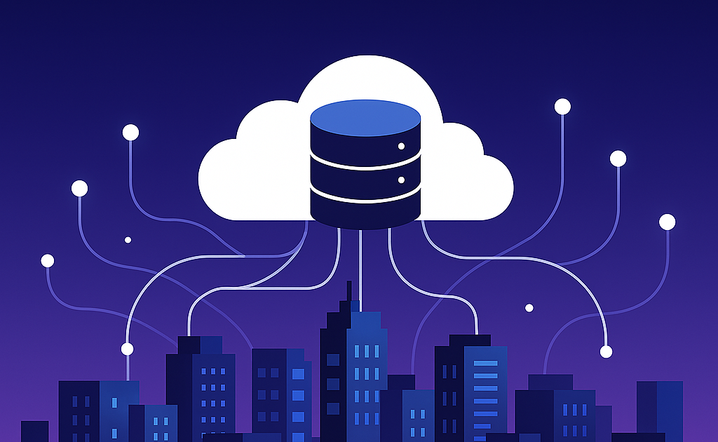 Illustration depicting a database of government data in the cloud connecting to a city