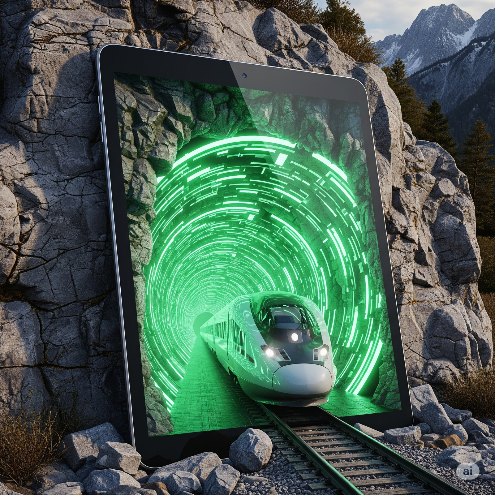 Futuristic image of a train emerging from a digitised tunnel in Cranmore green.
