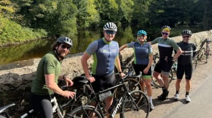 Pictured during day one of the Cranmore Big Charity Cycle, raising money for Action for Children is (from left to right) Damien Whinnery, Michael Shorten, Heather McCook, Fergus McGrath, Enda Reynolds
